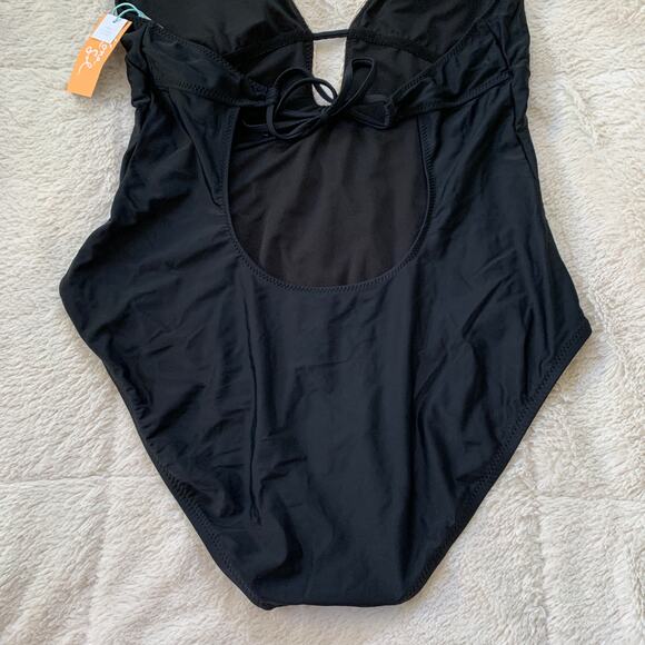 NWT Kona Sol women's black crochet lace deep V one piece swimsuit SZ XL - Picture 9 of 14